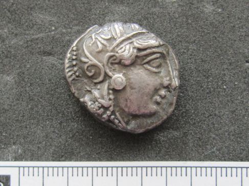Silver drachm showing the ancient Greek goddess of Wisdom Athene